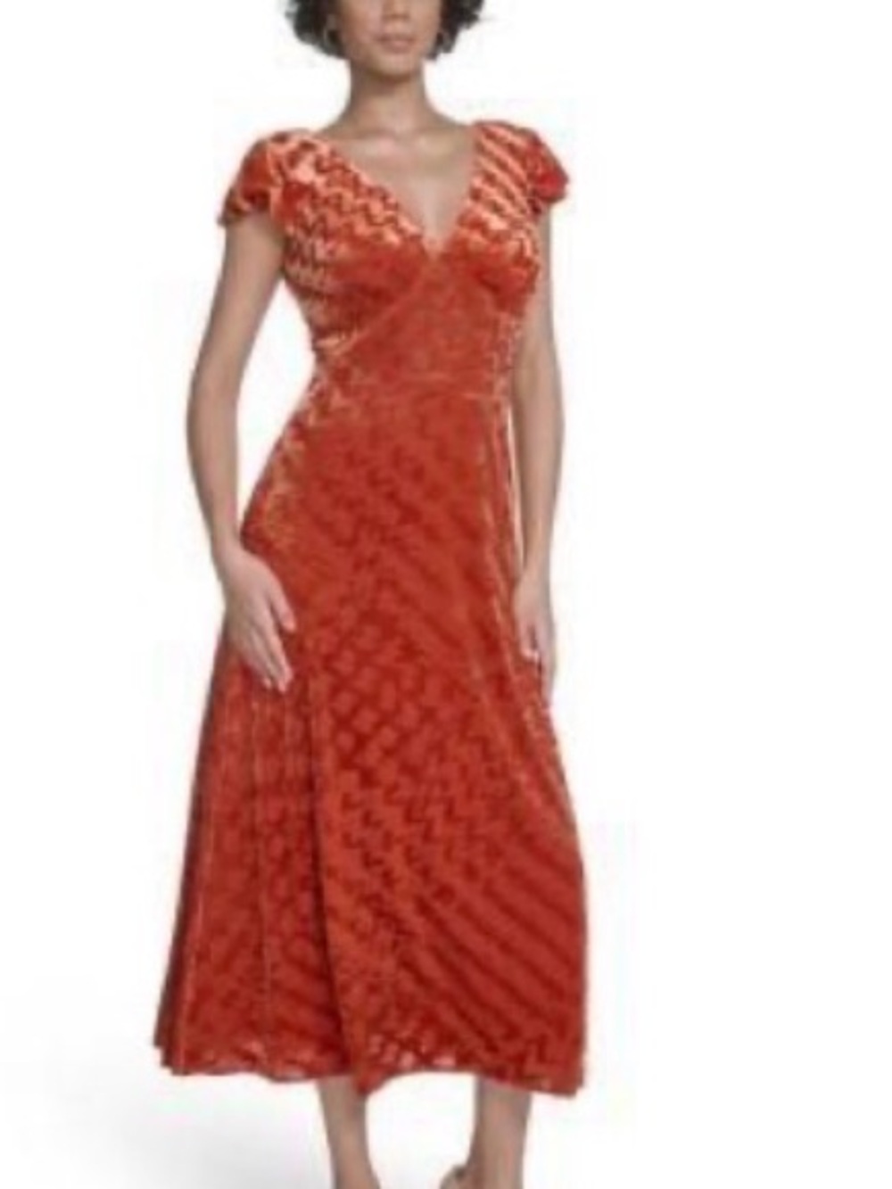 Calvin Klein Burnout Velvet Flutter Sleeve Midi Dress Orange Size